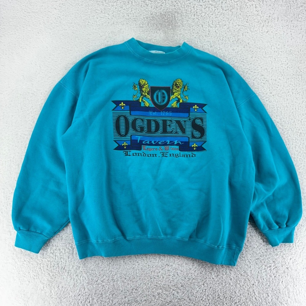 vtg 90s OGDEN'S TAVERN‎ LAGERS & WINES LONDON ENGLAND CREWNECK SWEATSHIRT XL